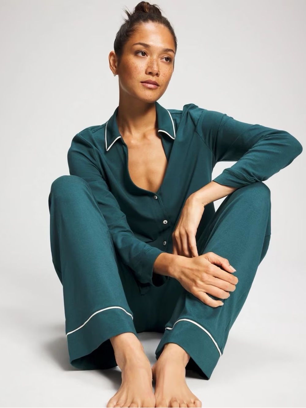 Soma Women's Dark Teal Two-Piece Pajama Set White Piping Large Top Med bottom
